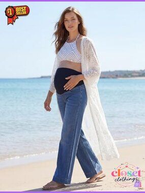 Maternity Wide Leg Jeans Cotton Blend Pull On High Rise